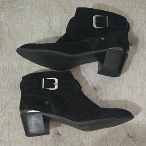 Essex Lane Suede Black Booties with Metallic Buckle